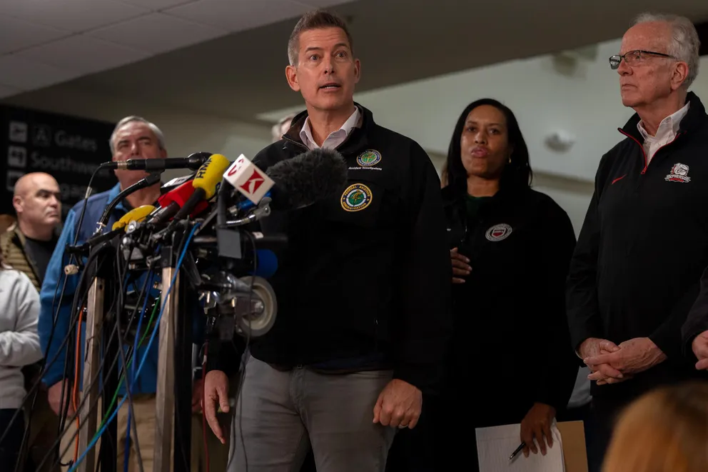 Secretary of Transportation Sean Duffy speaking at a press conference with other government officials on the rescue efforts following a collision between an American Airlines plane and an Army helicopter in Washington, D.C., on January 30, 2025. | Source: Getty Images 